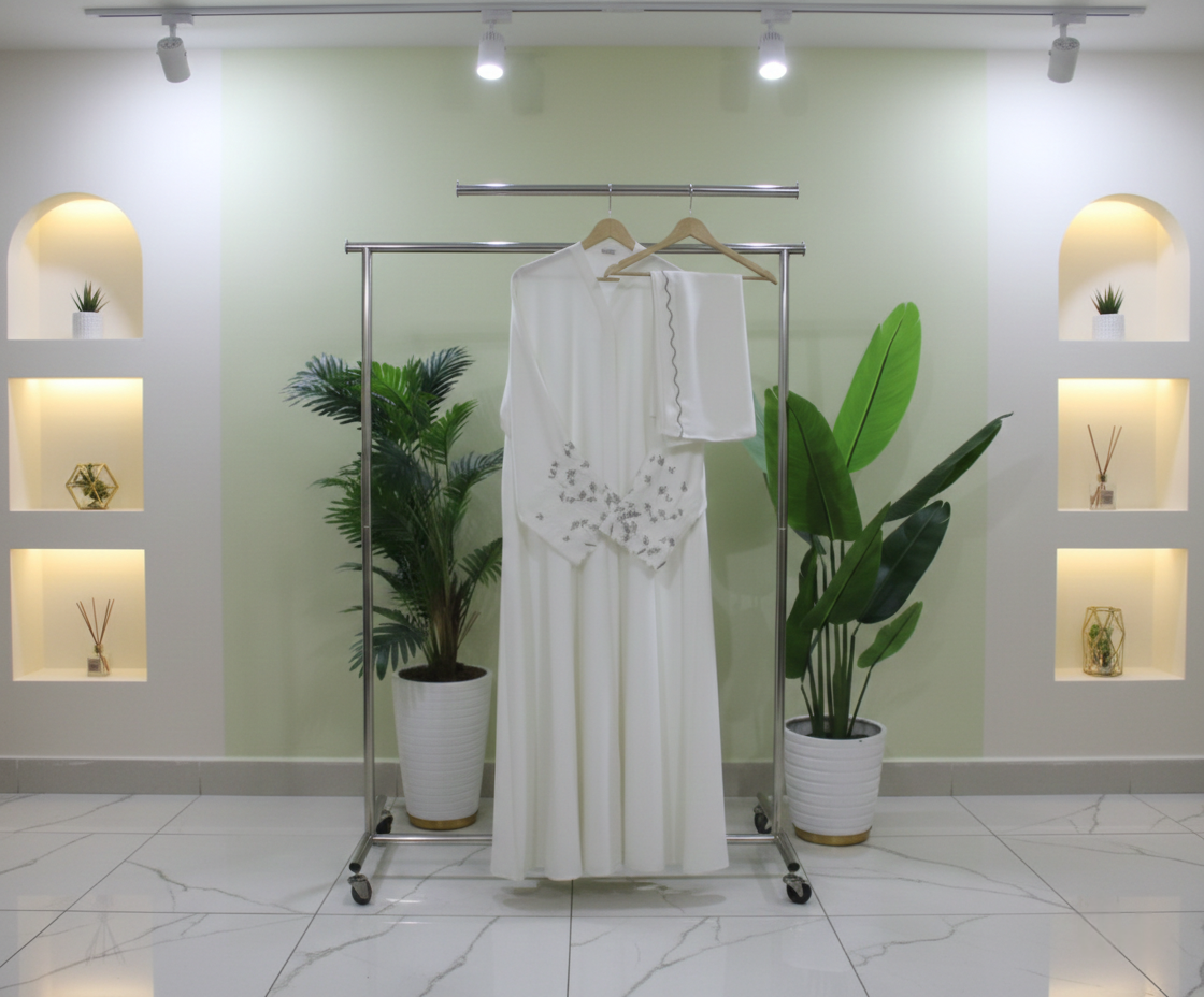White dress on a rack with decorative elements in a well-lit room.