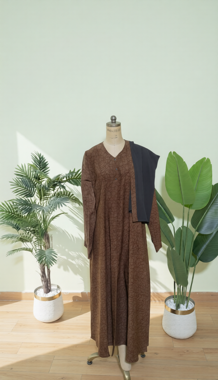 Mannequin wearing a brown dress with a black cardigan in a room with plants.