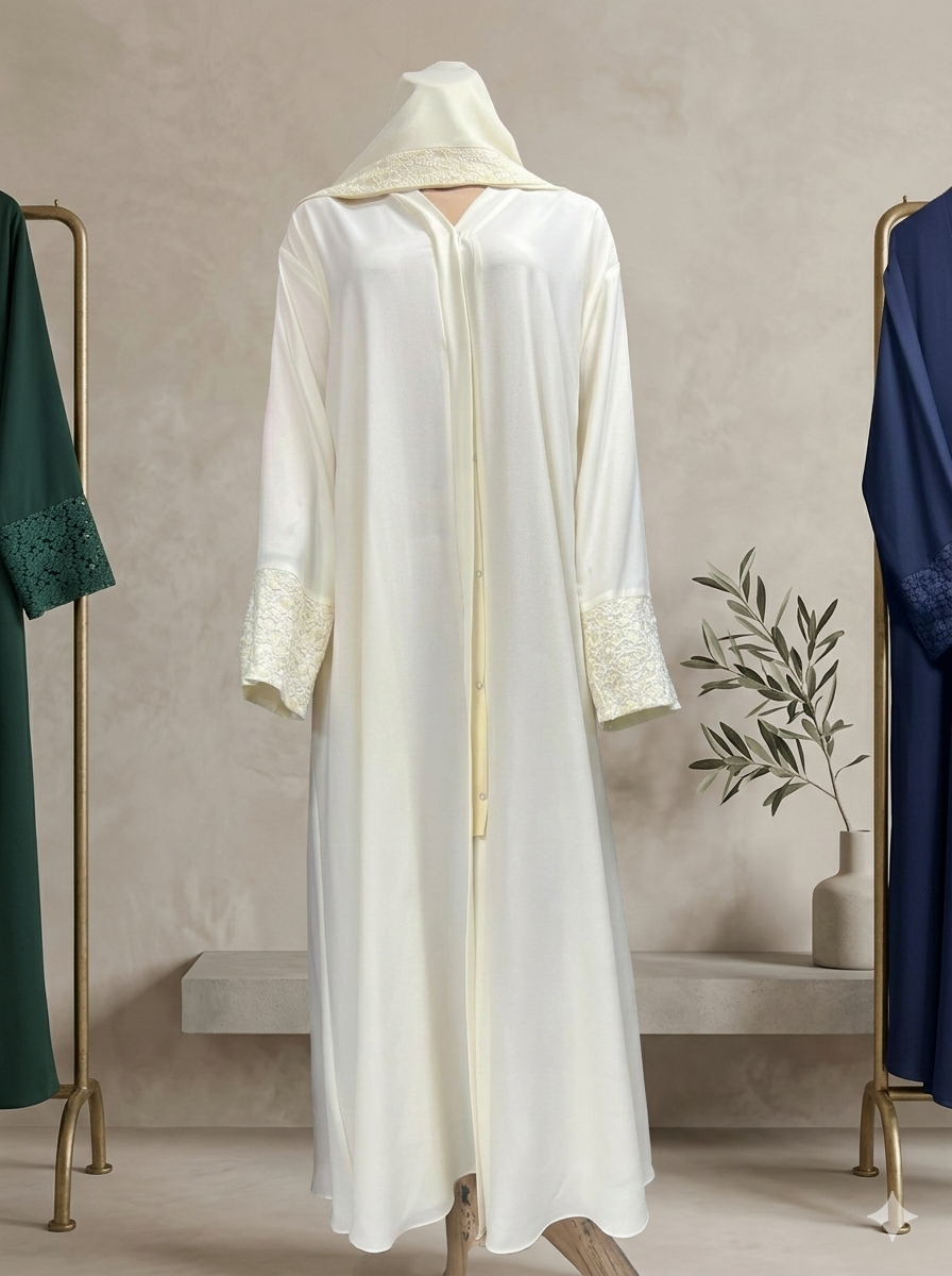 White dress with lace details on a rack against a neutral background