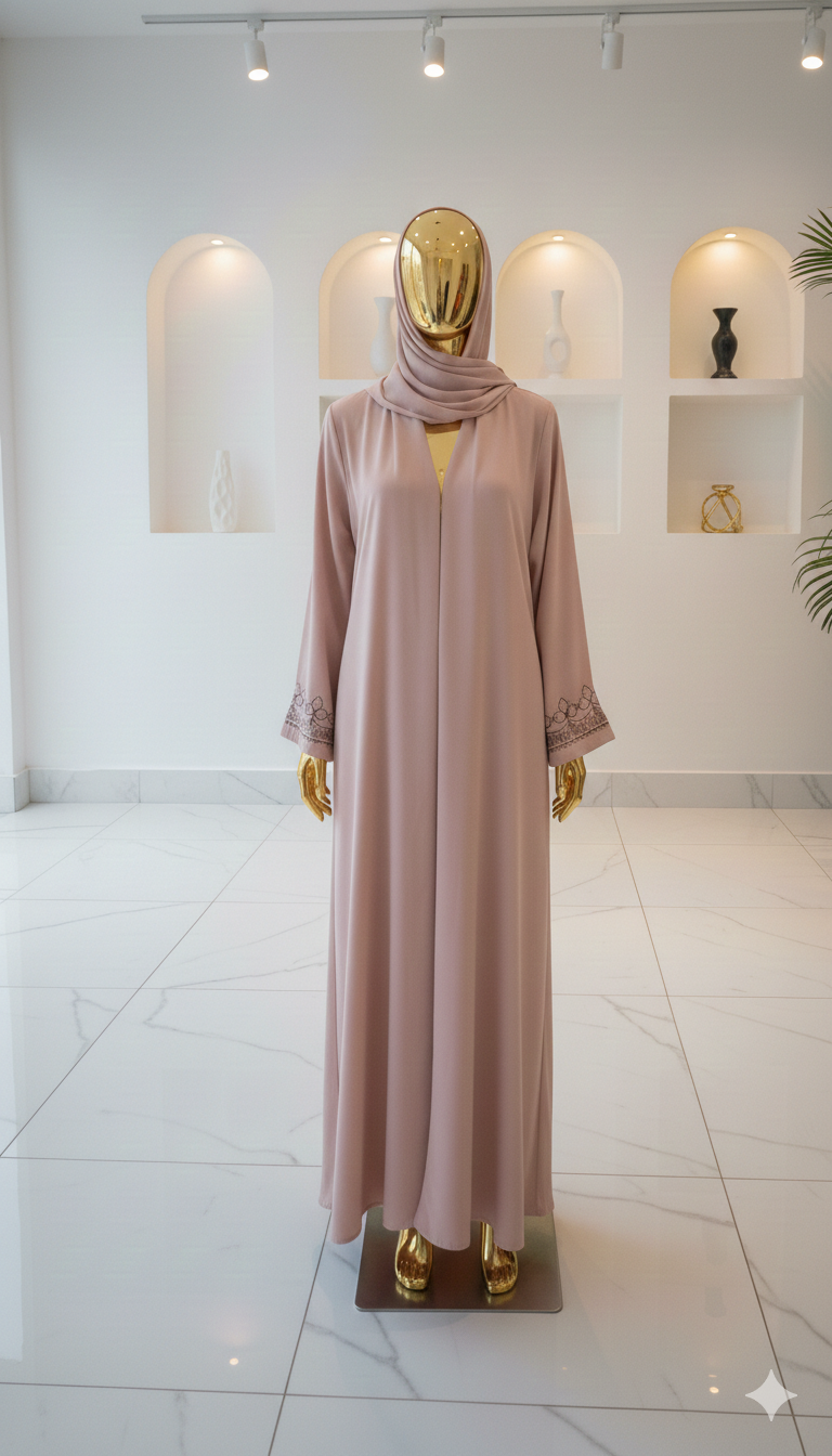 Mannequin wearing a light pink abaya with a hijab in a store setting.