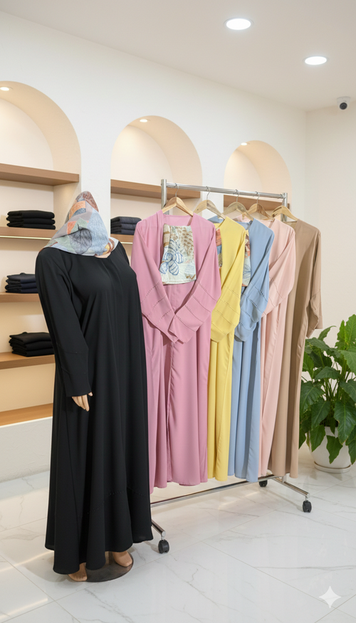 Row of colorful dresses on hangers in a store setting