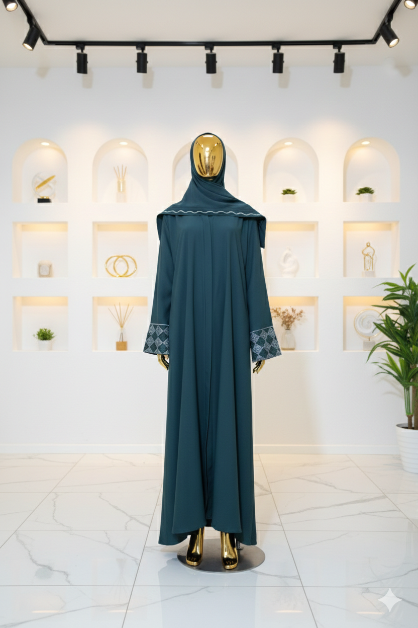 Mannequin wearing a teal abaya with gold embroidery in a store setting.