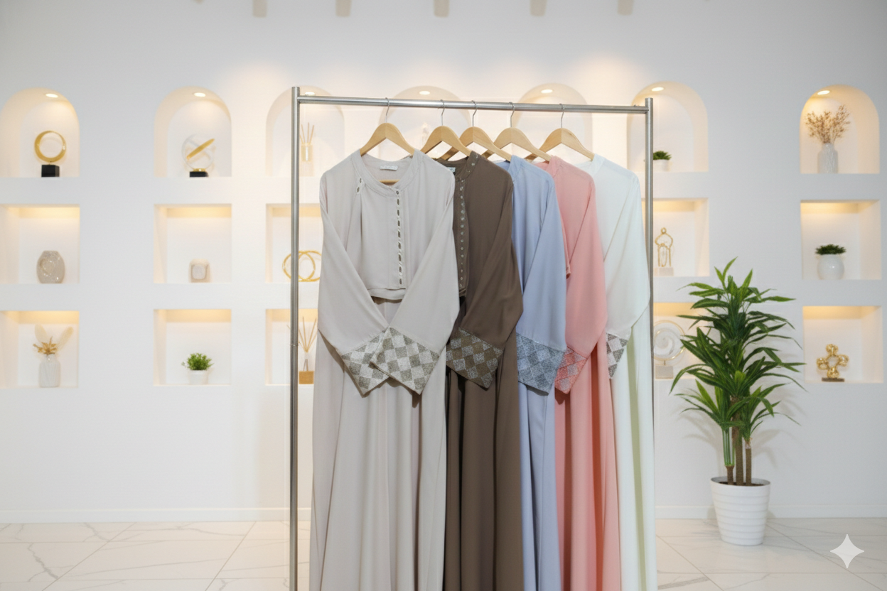 Clothing rack with dresses in a well-lit room