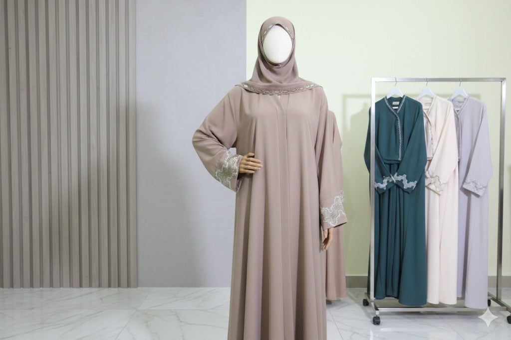 Elegant Women Embroidered Abaya – Soft Flow Fabric with Fine Lace