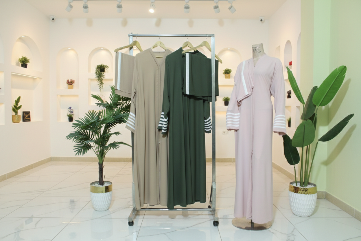 Clothing display with dresses on hangers in a store setting