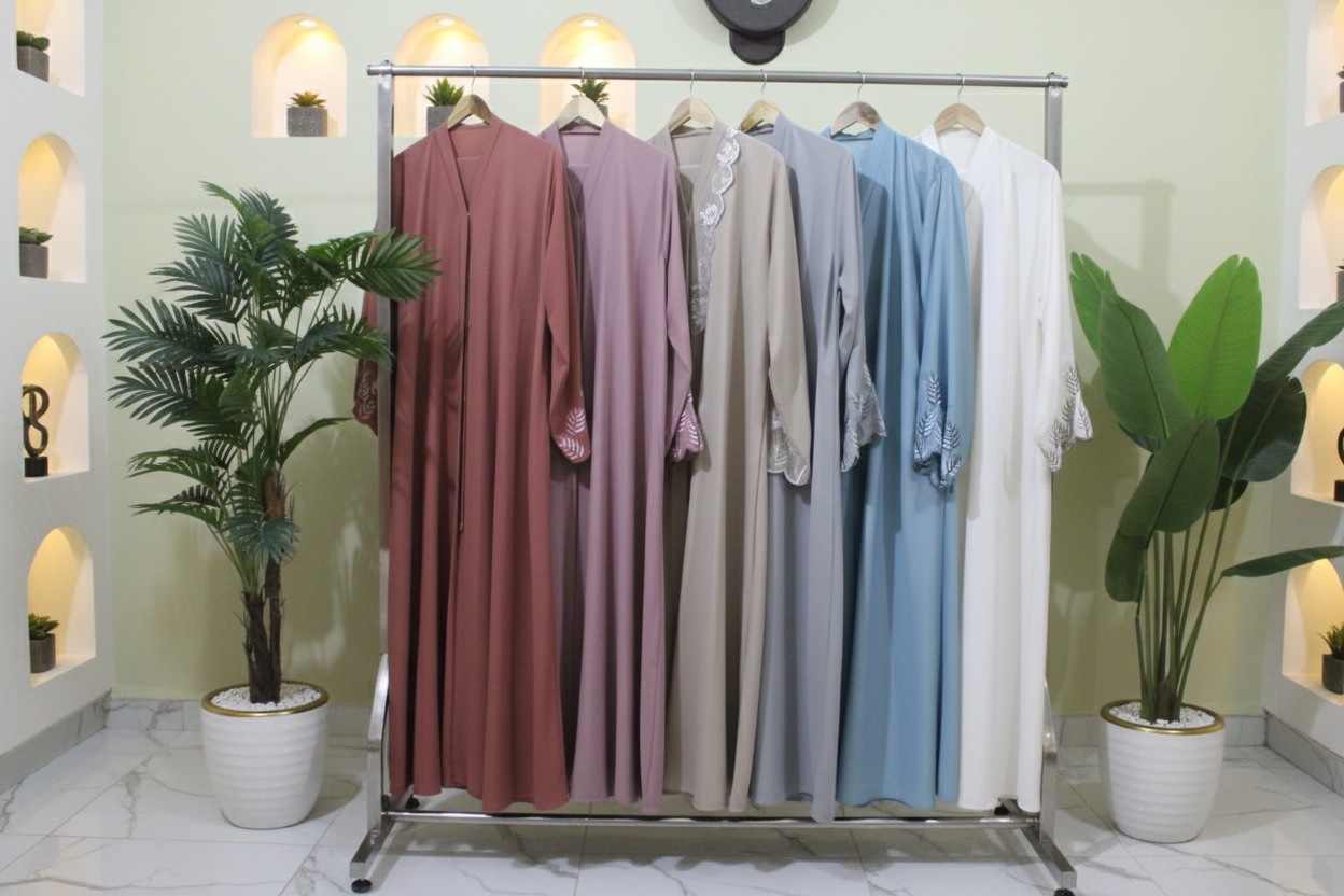 Row of dresses on a rack with plants on either side in a well-lit room.
