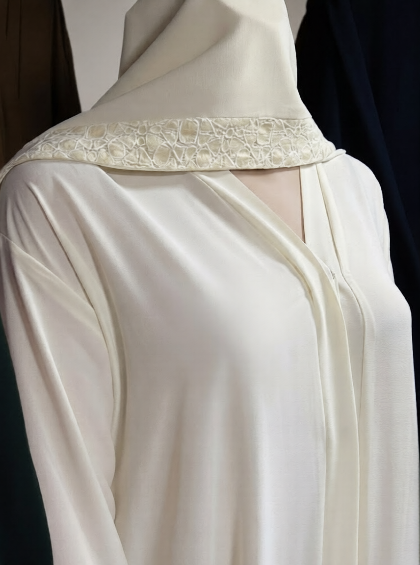 White garment with lace detailing on a black background