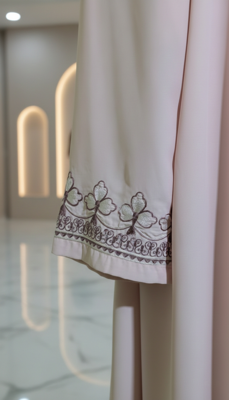 White towel with black embroidery hanging on a rack in a bathroom.